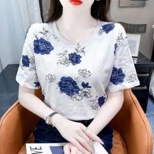 여자 블루 플라워 장미꽃 부드러운 반팔 티셔츠 여성 U넥 라운드 반팔티 이너 여름 기본