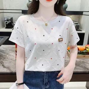 여자 스타 포인트 레터링 반팔 티셔츠 여성 U넥 라운드 반팔티 이너 여름 기본 얇은