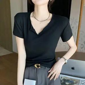 여자 반오픈 골지 소재 슬림 스타일 여름 반팔 티셔츠 여성 U넥 라운드 반팔티 이너