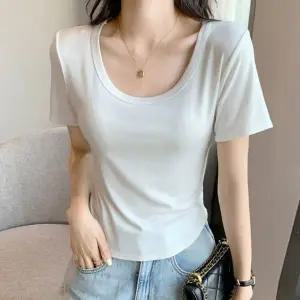 여자 가벼운 소재 U넥 디자인 언발란스 반팔 티셔츠 여성 라운드 반팔티 이너 여름 기본