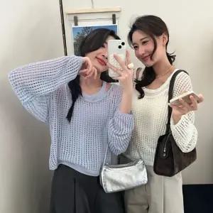 여자 오버핏 스타일 라운드넥 그물 펀칭 니트 긴팔 여름 스윗 여리 여성 니트티 꽈배기