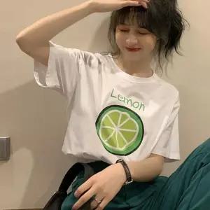 여자 외출 라운드넥 귀여운 프린팅 레몬 반팔 티셔츠 여성 U넥 반팔티 이너 여름 기본