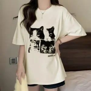 여자 캐주얼 고양이 프린팅 라운드 여름 반팔 티셔츠 반팔티 여성 크롭티 여자반팔면티