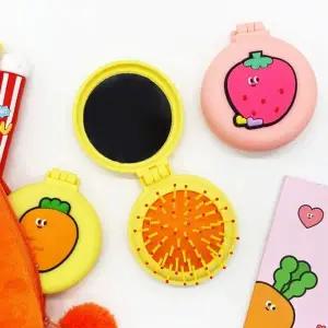 (제품선택 캐롯프랜즈 거울브러쉬)핑크풋 캐릭터 거울 빗 세트 휴대용 손거울