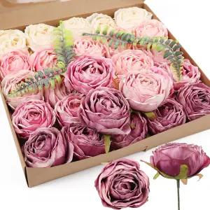 IPOPU 가짜 장미 25pcs 빈티지 퍼플 장식용 인조 꽃 화려한 실크 꽃머리 결혼식 꽃다발 중앙 조각