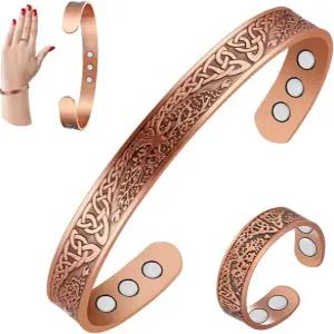 여성용 시그마 구리 팔찌 및 링 트리 오브 라이프 패턴 커프 뱅글 강도 자석 조절 가능
