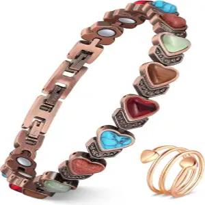 여성용 페라코 퓨어 구리 팔찌 반지 3800 가우스 자석 및 천연 터쿼이즈 스톤이 포함된 초강력 마그네틱