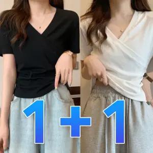 1+1 여성 브이넥 반팔티 셔링 스판 랩 무지 티셔츠