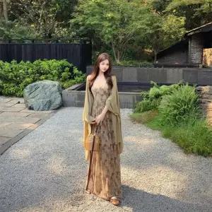 여친 원피스 투피스 나시 케이프 프린트 브이넥 청록 핏예쁜 슬림핏 롱스커트 정장세트 인기1