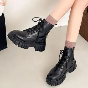 [라일리] Rly 청키 아웃솔 여성 워커 사이드지퍼 레이스업 워커