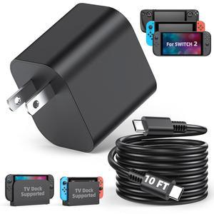 (10피트) 스위치 2 충전기 - 닌텐도 2용 60w AC 어댑터 (2025) /1, 추가 롱 충전 케이블, 4K TV 도크 모드 지원, 전원 공급 장치 20V / 3A 고속 US