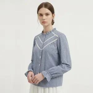 [샵앤] 여성 프릴 라운드넥 고방체크 긴팔 블라우스 MSE-WBL-21132