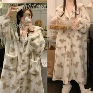 여자수면잠옷 여성 극세사 수면 가운 곰돌이 겨울 홈웨어 잠옷 1P