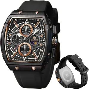 OLEVS 남성 시계 비즈니스 드레스 크로노그래프 빅 스퀘어 쿼츠 아날로그 실리콘 스트랩 방수 날짜 선물