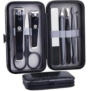 한테카스 매니큐어 페디큐어 세트 8pcs 스테인리스 스틸 손톱깎이 키트 손톱 발톱깎이 커터와 가죽 케이스, 남성 여성 가족 친구를 위한 야외 여행 살롱 선물