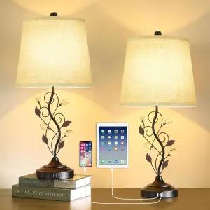 시트 24.5인치 농가 테이블 램프 세트 2개 2개의 USB 충전 포트가 있는 소박한 침실 크림 패브릭 그늘막