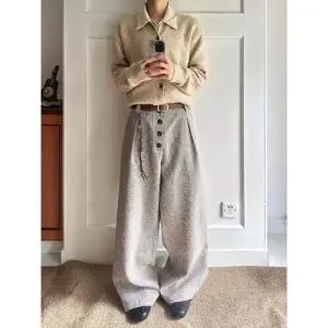 남성용 팬츠 빈티지 오피스룩 캐주얼 하운드투스 체크 복합 플리츠 A라인 와이드 정장 패피1