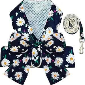 보우 매듭이 있는 BAEJMJK 개 하네스 및 목줄 세트 반려동물 데이지 꽃 D링 소프트 메시 조끼 탈출 방지