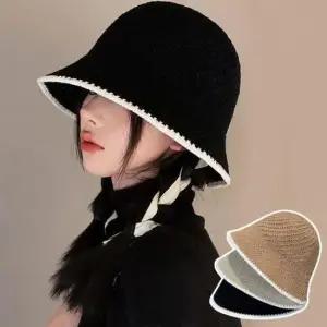 [패션] 여성 배색 라인 포인트 얇은 니트 짜임 깔끔 버킷햇