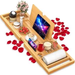 프리미엄 대나무 욕조 선반 확장형 측면 대부분의 욕조에 맞는 조절 가능한 나무 트레이 럭셔리 목욕용