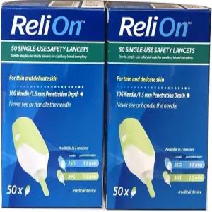 6인치 토트 50 일회용 30G 2팩이 포함된 ReliOn 안전 랜싯