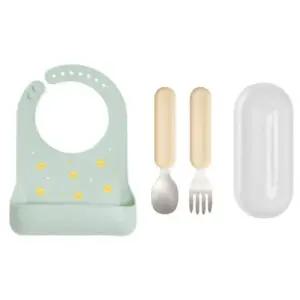 에.디.슨 유아 스푼포크 휴대용 실리콘 턱받이 세트