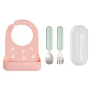 에.디.슨 유아 아기 실리콘 스텐 스푼포크 턱받이 세트