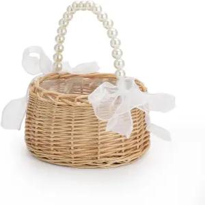 진주 손잡이와 리본 활이 달린 우아한 웨딩 플라워 걸 바구니 결혼식을 위한 보크노트 새틴 꽃 소박한