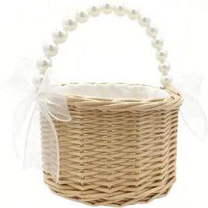 활이 달린 웨딩 플라워 걸 바구니 진주 손잡이 꽃 귀여운 손으로 짠 위커 라탄 및 홈 데코