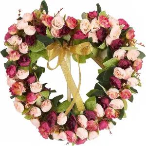 하트 모양의 화환 14인치 인조 핑크 로즈 플로럴 갈랜드 발렌타인 현관 데이 홈 파티 결혼식 장식용 리본