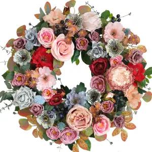 현관문용 에골롯 22인치 봄여름 일상화 화환 실내 야외용 인조 장미 모란 야생화 가정 장식용 녹색 잎