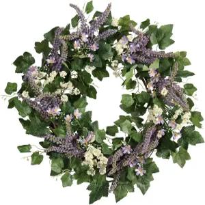 포도 잎이 달린 푸다테 22인치 봄 여름 화환 라벤더. 현관문 벽 연중 행사를 위한 계절별 녹지 장식.