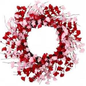 마잉카웅 20인치 발렌타인데이 화환 현관문용 레드 베리와 핑크 러브 하트 개나리 꽃이 있는 결혼식 및