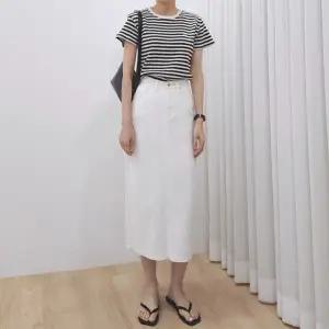 [하프클럽/]1156 (화이트) 트임 롱 코튼 데님 스커트