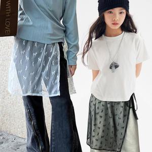 주니어 레이스 랩스커트 시스루 리본 패턴 청바지 레이어드 치마