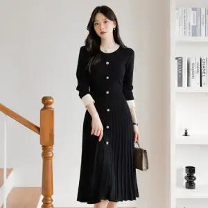 XXL까지) 자엘르 배색 진주버튼 플리츠 니트원피스 가을 하객룩 오피스룩 모임룩 격식룩 빅사이즈