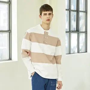 [커스텀어스]우븐배색 변형헨리넥 빅보더 라운드티셔츠 CXS23SKMT271