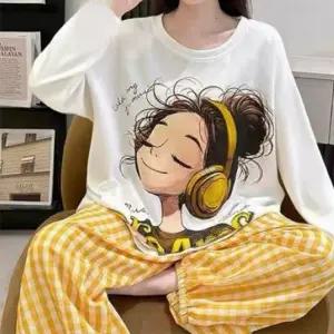 티777잠옷세트 캡내장 잠옷상하세트 여성긴팔긴바지 봄신상품가을 여자 캐릭터그림 나염 홈웨어 (새로본)