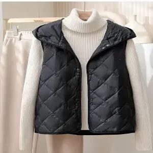 여성 간절기 후드 경량 모자 패딩 얇은조끼 달린 블랙