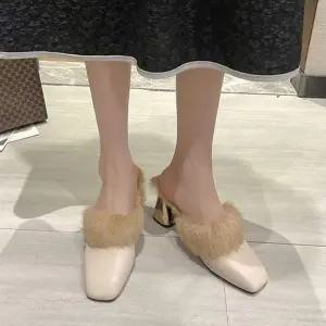 2컬러 XQ108919 겨울 따뜻한 퍼 안감 펌프스 미들구두 스퀘어코