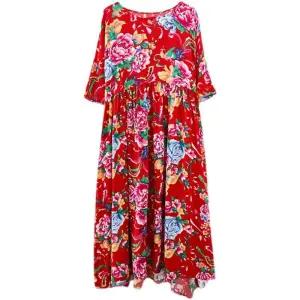 롱 꽃무늬 라운드넥 반팔 중년용 휴양지룩