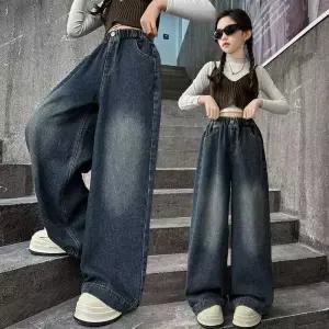 초등생 주니어 밴딩바지 여아 와이드핏 청팬츠