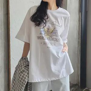 프린팅 오버핏 반팔 티셔츠 옆트임 면 라운드넥 여성 빅사이즈