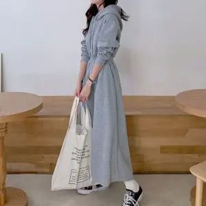 시보리 허리밴딩 긴팔 후드 캐주얼 롱 플레어 원피스 kul1+2jQA