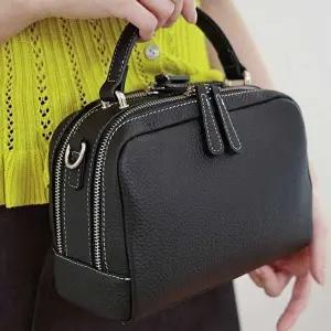 숄더백 배색 스티치 더블 지퍼 미니 토트백 숄더백 소가죽