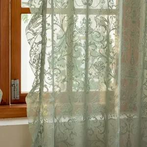 투데코 연두색 커튼 72인치 길이 - 에스테틱 그린 플로럴 2 패널 자수 시어 보호미안 러플 레이스 남성
