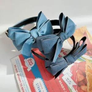 핸드메이드 242KXE24 빅 레트로 더블보우 리본 데님 헤어밴드