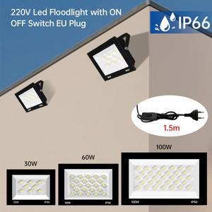 100W 60W 30W LED 투광등 220V 6500K 조명 IP66 방수 야외 스포트라이트 스위치 포함 EUAUUK 플매트 카펫