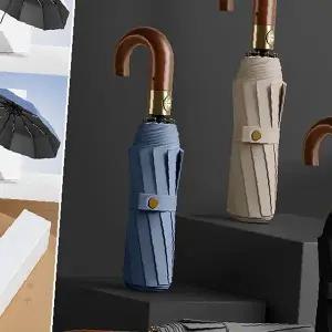 자외선차단 원목손잡이 고급스러운 접이식 자동개폐 휴대용 우산 세련된 곡선형 나무