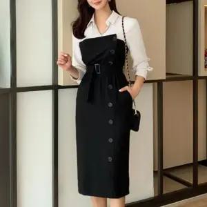 스커트 원피스 여사친 미디 오피스룩 슬림핏 봄가을 배색세트 정장 원픽1